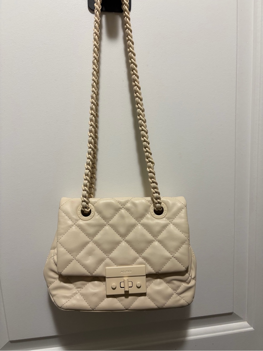 Aldo Quilted Cream Shoulder Bag with Braided Chain Strap and Turn-Lock